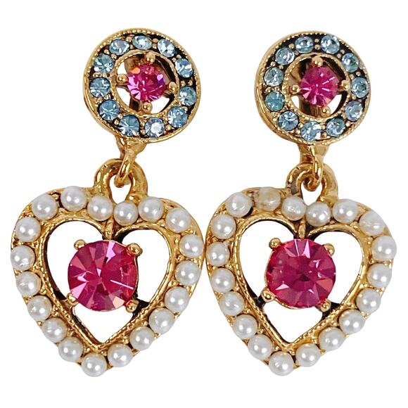 Vintage Y2K Gold Tone Heart Clip On Earrings Pink Blue Rhinestone Faux Pearl - Picture 1 of 12